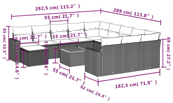Polyrattan Kerti Ülőgarnitúra - 13 részes - Szürke