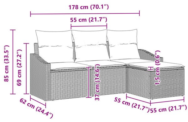 4 részes kertiszófa szett párnákkal - Fekete poli rattan