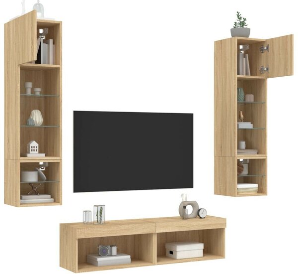 6 darab füstös tölgy színű szerelt fa TV-bútor LED-del