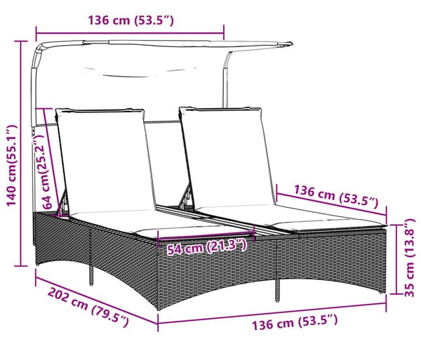 VidaXL Dupla Napozóágy - Fekete Polyrattan - 202cm