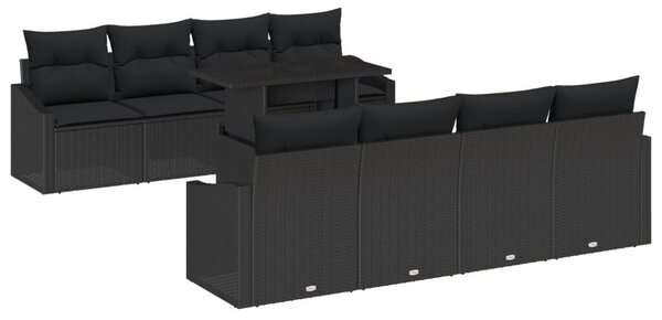 9 darabos Kerti Kanapé Készlet Párnákkal, Fekete, Poli Rattan