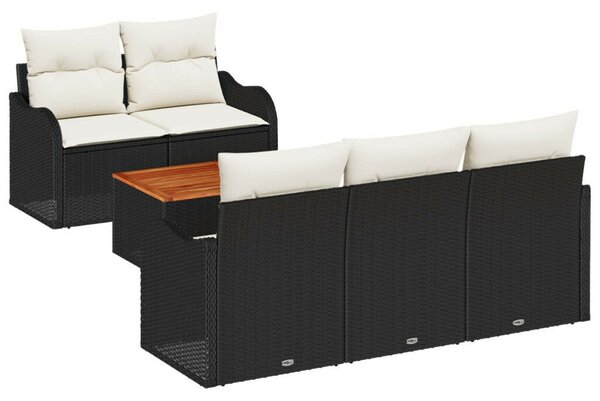 6 darabos kertibútor szett párnákkal fekete polirattan akácia, 2 személyes kertibútor tárolóval és párnákkal fekete polirattan