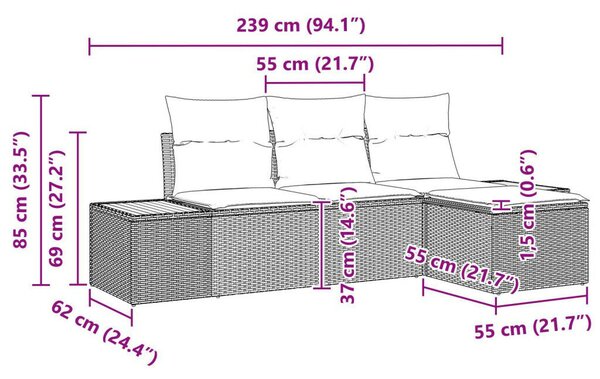 4 részes kerti kanapé szett párnákkal Bézs Poli Rattan Akácia
