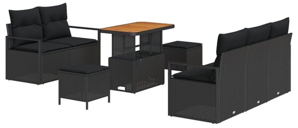 8 darabos kerti kanapé szett párnákkal fekete poli rattan akác, 2 fős kerti kanapé tárolóval és párnákkal fekete poli rattan, 3 darabos kerti étkező szett párnákkal fekete poli rattan akác