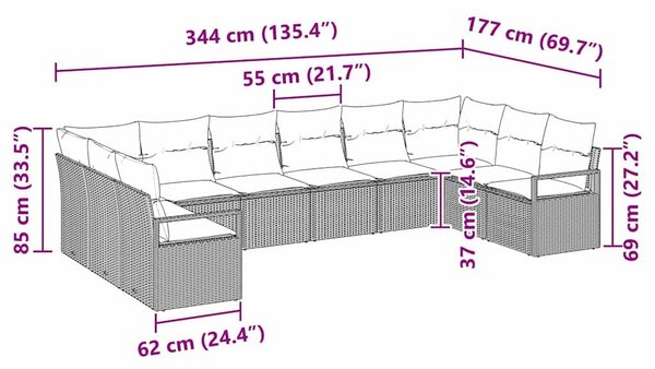 VidaXL Kanapé Szett párnával 10 pcs Fekete polirattan
