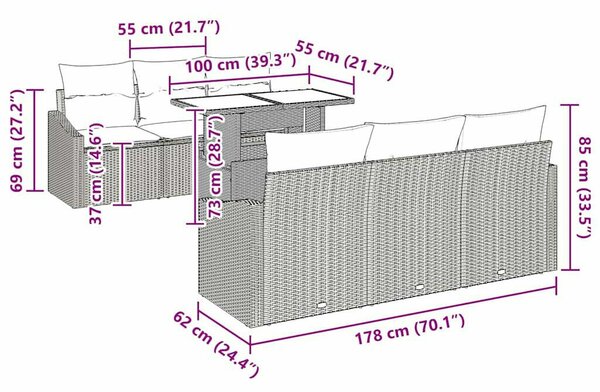 VidaXL Kerti Kanapé Szett párnával 7 pcs Világosszürke polirattan