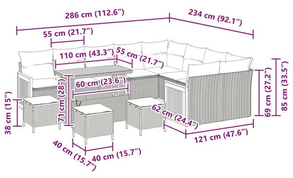 13 Darabos Kerti Kanapé Szett Párnákkal Szürke Poli Rattan Akác, 4 Darabos Kerti Étkező Szett Párnákkal Szürke Poli Rattan Akác, 2-Fős Kerti Kanapé Párnákkal Szürke Poli Rattan