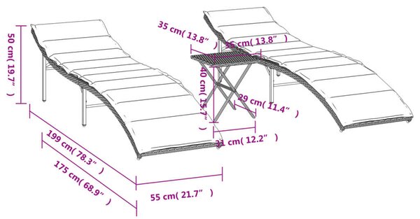 VidaXL Napozóágy Szett - 2 db - Fekete Polyrattan - Asztallal
