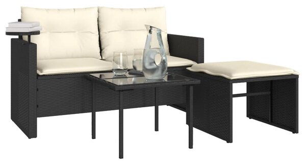 3 részes fekete polyrattan kerti ülőgarnitúra párnával