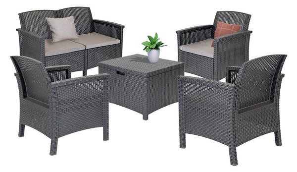 Venus II Grafit Rattan Kerti Bútor Szett - 5 Személyes, Tárolóasztallal