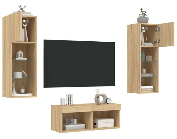 4 darab sonoma tölgy színű falra szerelhető TV-szekrény LED-del