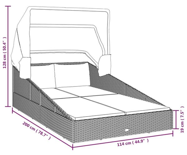 VidaXL Barna polyrattan napozóágy összecsukható tetővel 200x114x128 cm