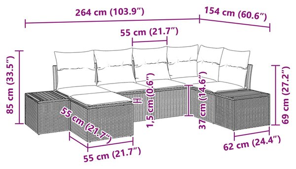VidaXL Kerti Kanapé Szett párnával 6 pcs Barna polirattan