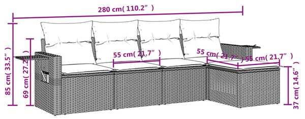 VidaXL 5 db barna polyrattan kerti kanapégarnitúra párnákkal