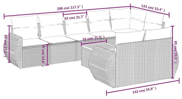 VidaXL 9 db fekete polyrattan kerti kanapégarnitúra párnákkal