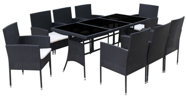 VidaXL 9-részes fekete polyrattan kültéri étkezőszett párnákkal