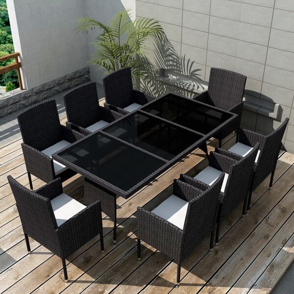 VidaXL 9-részes fekete polyrattan kültéri étkezőszett párnákkal