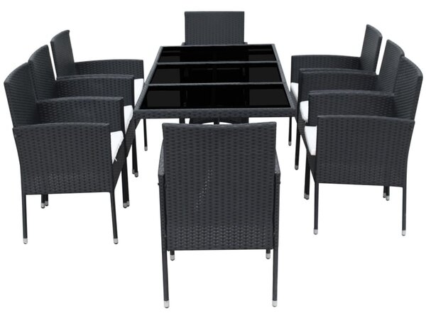 VidaXL 9-részes fekete polyrattan kültéri étkezőszett párnákkal