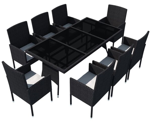 VidaXL 9-részes fekete polyrattan kültéri étkezőszett párnákkal