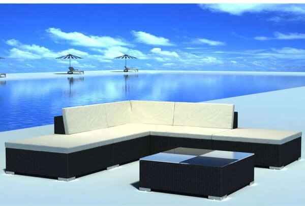 VidaXL 6-részes fekete polyrattan kerti bútorszett párnákkal