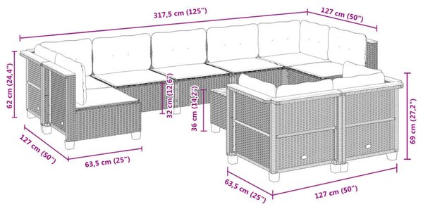 VidaXL Polyrattan Kerti Ülőgarnitúra - 10 részes - Fekete