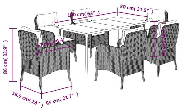 VidaXL 7 részes barna polyrattan kerti étkezőgarnitúra párnával