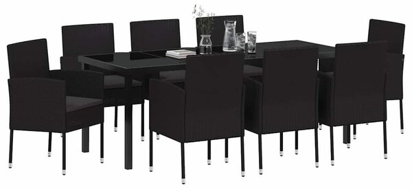 VidaXL Kert étkező szett párnával 9 pcs Fekete polirattan