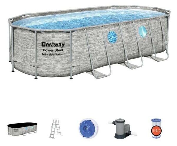 Bestway Sumatra 549x274x122cm Ovális fémvázas medence ablakkal vízforgatóval adagolóval létrával és medence takaróval (FFA689_)