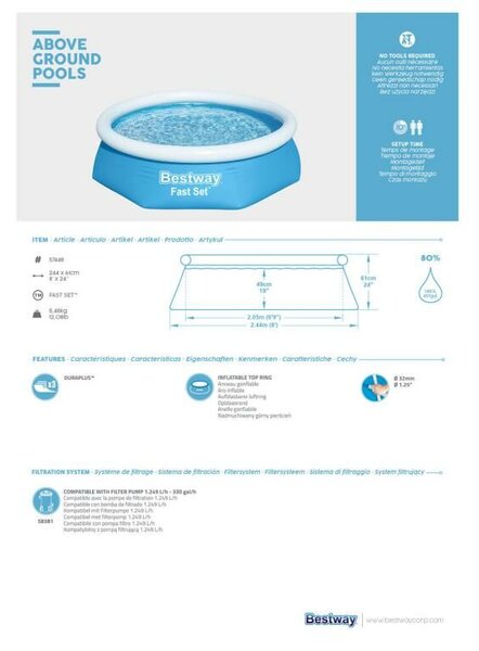 Bestway Fast Set Medence, 2.44m x 61cm, 1880 liter