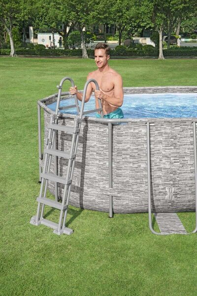 Bestway Sumatra 549x274x122cm Ovális fémvázas medence ablakkal vízforgatóval adagolóval létrával és medence takaróval (FFA689_)