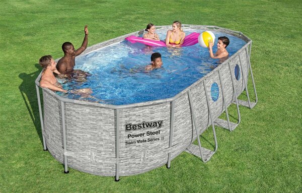Bestway Sumatra 549x274x122cm Ovális fémvázas medence ablakkal vízforgatóval adagolóval létrával és medence takaróval (FFA689_)