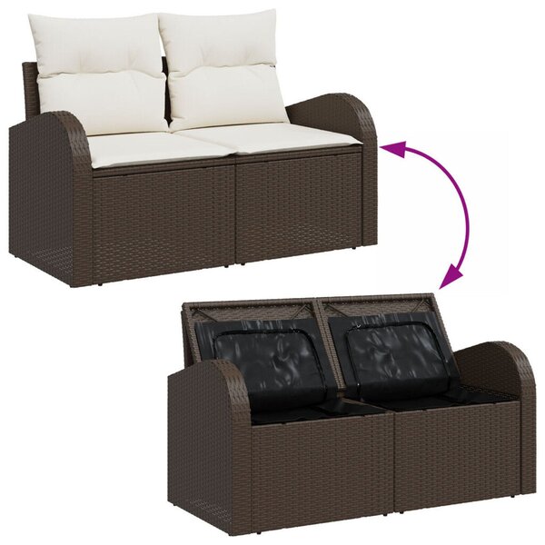 4 darabos Kert Sofa Szett Párnákkal Szürke Polirattan, 2 Személyes Kert Sofa Tárolóval és Párnákkal Barna Polirattan
