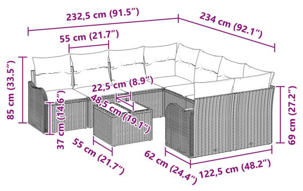 9 Darabos Kert Kanapé Szett párnákkal Bézs Poli Rattan, 2-Fős Kert Kanapé párnákkal Bézs Poli Rattan