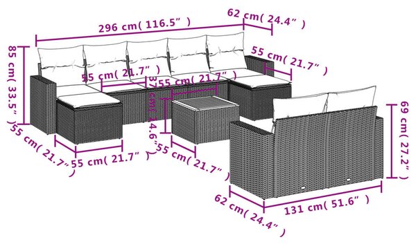 Polyrattan Kerti Ülőgarnitúra - 10 részes - Szürke