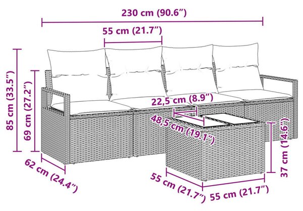 5 részes kerti kanapé szett párnákkal világosszürke poli rattan, 2 férőhelyes kerti kanapé párnákkal szürke poli rattan
