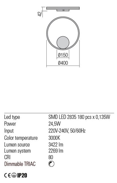 ORBIT LED modern stílusú fali/mennyezeti lámpa, fehér, 3000K, Ø40 cm, indirekt fényű, TRIAC dimmelhető