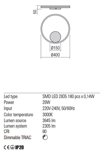 ORBIT LED modern stílusú fali/mennyezeti lámpa, bronz, 3000K, Ø40 cm, direkt fényű, TRIAC dimmelhető