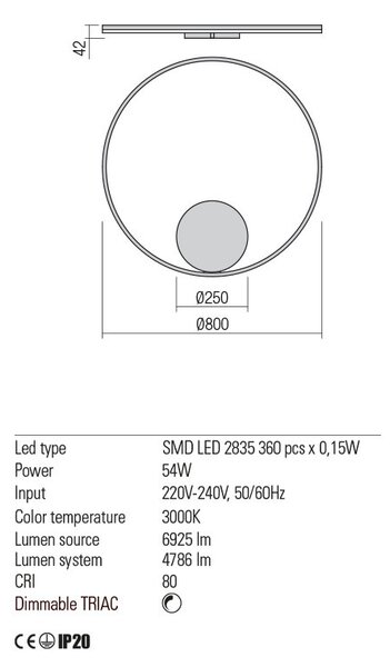 ORBIT LED modern stílusú fali/mennyezeti lámpa, fehér, 3000K, Ø80 cm, indirekt fényű, TRIAC dimmelhető