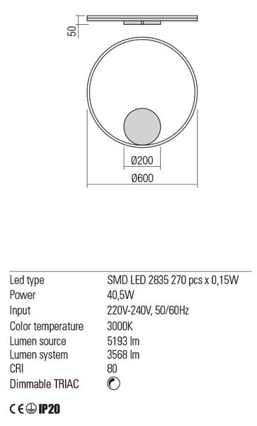 ORBIT LED modern stílusú fali/mennyezeti lámpa, fehér, 3000K, Ø60 cm, direkt fényű, TRIAC dimmelhető