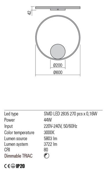 ORBIT LED modern stílusú fali/mennyezeti lámpa, bronz, 3000K, Ø60 cm, indirekt fényű, TRIAC dimmelhető