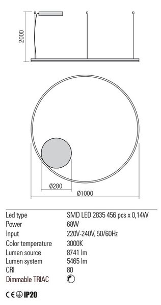 ORBIT LED modern stílusú függőlámpa, fehér, 3000K, Ø100 cm, TRIAC dimmelhető