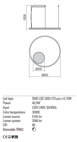 ORBIT LED modern stílusú függőlámpa, fehér, 3000K, Ø60 cm, TRIAC dimmelhető