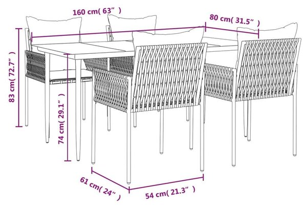 VidaXL 5-részes polyrattan és acél kerti étkezőgarnitúra párnával