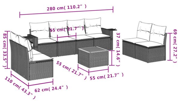 VidaXL Polyrattan Kerti Ülőgarnitúra - 9 részes - Bézs