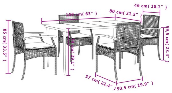 VidaXL 5 részes fekete polyrattan kerti étkezőgarnitúra párnákkal