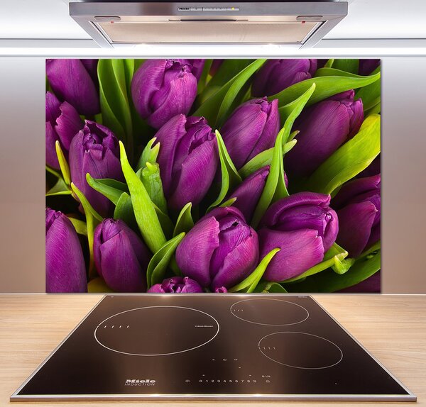 Konyhai falvédő panel Lila tulipánok