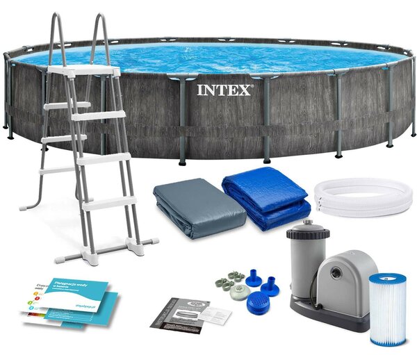 Intex Prism Frame Greywood Medence szett, 549x122cm vízforgató, létra, alátét, takaró (26744NP)