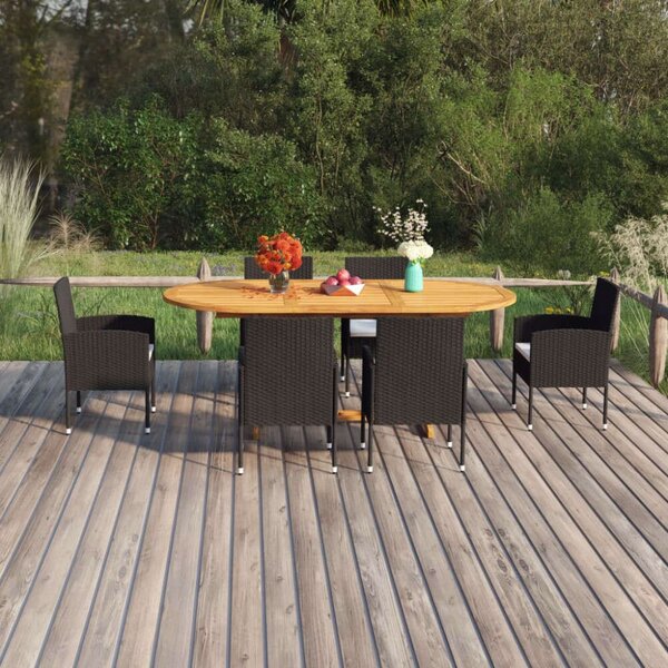 VidaXL - 7 Részes Kerti Étkezőgarnitúra - Akácfa Asztal - Fekete Polyrattan