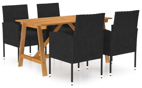 VidaXL Kerti Étkezőgarnitúra - 5 részes - Akácfa Asztal - Fekete Polyrattan Székek