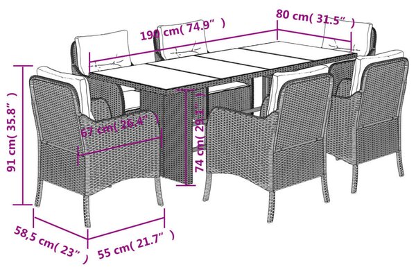 Polyrattan Kerti Étkezőgarnitúra - 7 részes - Fekete